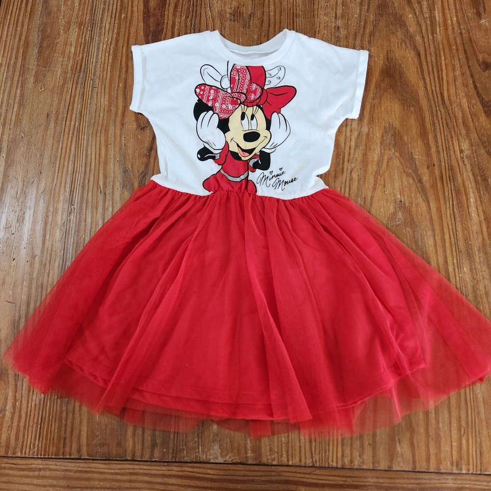 Minnie Mouse T-Shirt White Red Tutu Tulle Short‎ Sleeve Dress 5/6 Glitter Disney